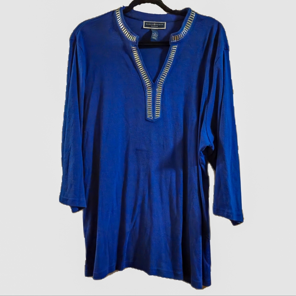 Blue Long Sleeve Tee with Embellished Neckline